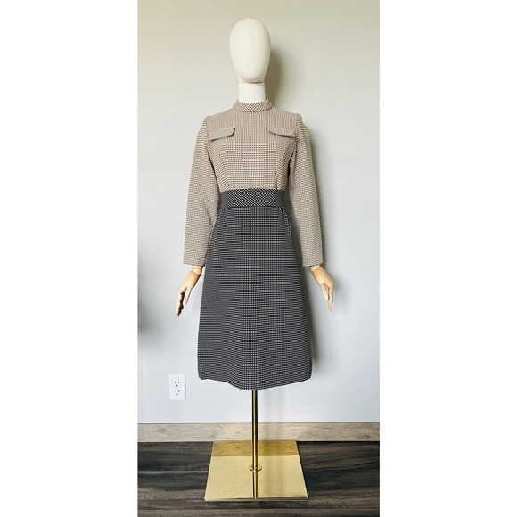 Richard Frontman Vintage 60s Brown Black High Neck Belted Sheath Dress Sz S/M? - Picture 2 of 15
